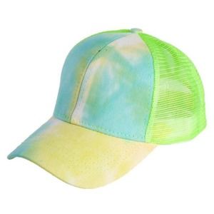 Green/Yellow Tie-Dye Ponytail Messy Bun Baseball Cap NWOT